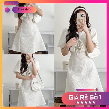 Set đầm gấm trắng tiểu thư dáng xòe chữ A kèm áo cardigan thắt nơ tay bồng- váy nữ dáng xòe dự tiệc đi chơi M35