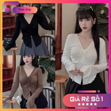 Áo thun cổ v dài tay ống loe rút ngực vạt chéo màu đen trắng nâu xám Áo nữ kiểu MSP67825 