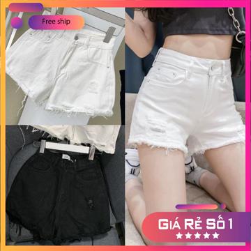 Quần short jean nữ rách ô nhỏ viền tua rua lưng cao trắng đen, Quần sooc bò nữ cạp cao phong cách hàn quốc chất M83