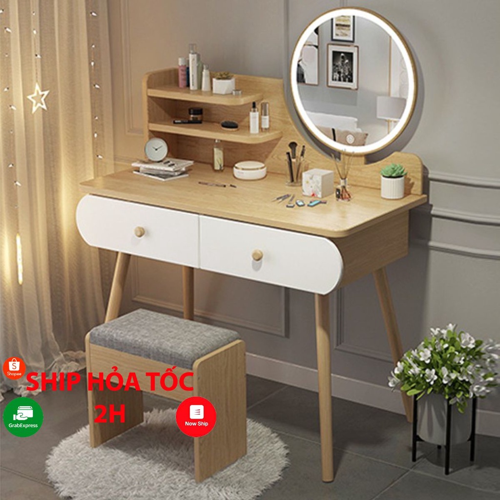 Bàn trang điểm LED 2 ngăn kéo(AK02), phong cách hiện đại với hai màu vân gỗ, trắng( chưa gồm ghế)