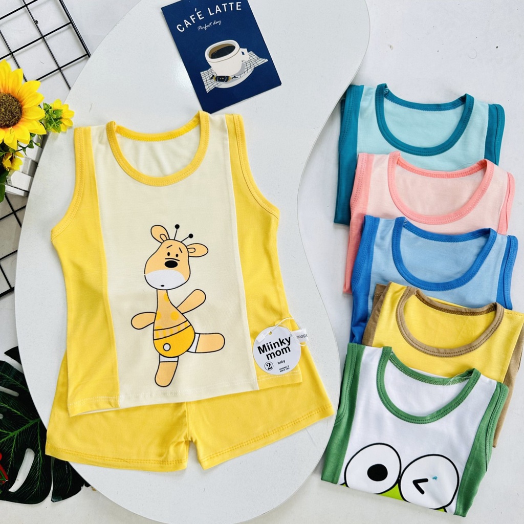 Bộ ba lỗ bé trai, bé gái thun lanh in hình họa tiết từ sơ sinh đến 14kg - A SHOP 01