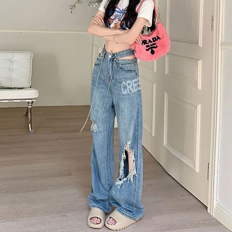 Jiashucheng Quần Jean Dài Lưng Cao Ống Rộng Phối Rách Cá Tính Dành Cho Nữ