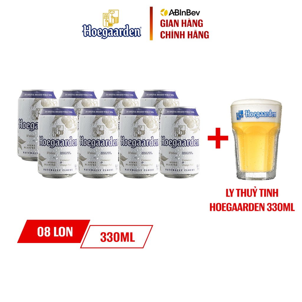 Bia Hoegaarden White Hộp 8 Lon (330ml/Lon) - Tặng 1 Ly Thủy Tinh Hoegaarden