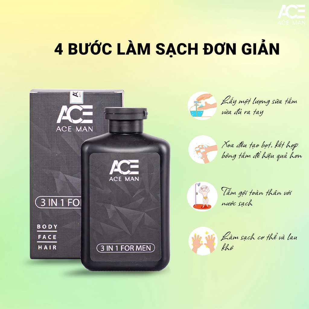 Sữa tắm gội toàn thân 3 in 1 ACEMAN 320ml kết hợp tắm gội rửa mặt tiện lợi với hương nước hoa nam tính mạnh mẽ