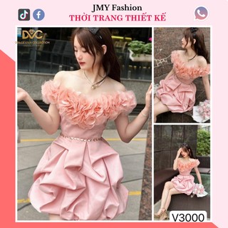 V3000 Váy hồng trễ vai dáng A bồng [DVC&ACC] váy đầm kết hoa nổi dự tiệc