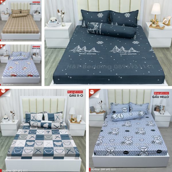 Bộ Set 4 món ga giường drap giường poly, ga trải giường + 2 vỏ gối nằm + 1 vỏ gối ôm đơn giản H&T Bedding