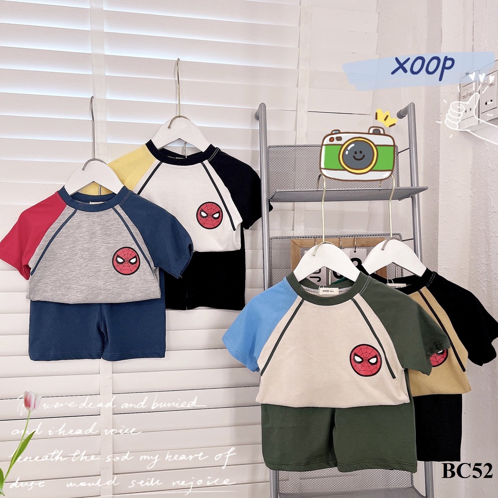 Bộ cộc tay cotton mặc trong nhà-Đồ Bộ quần áo cộc tay XOOP phối tay 2 màu in người nhện cho bé trai,bé gái (8-18kg) BC52