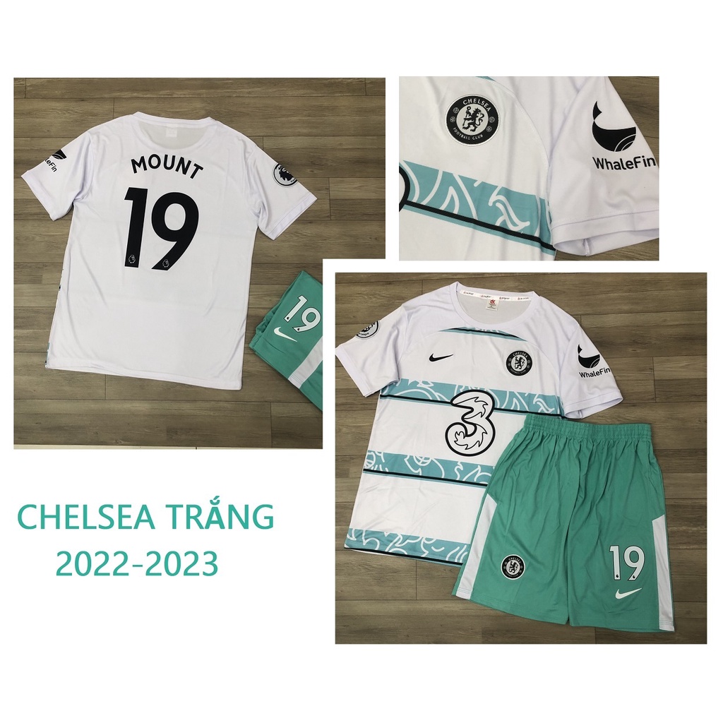 Bộ quần áo đá banh Mason Mount Chelsea trắng sọc xanh sân khách DK2022