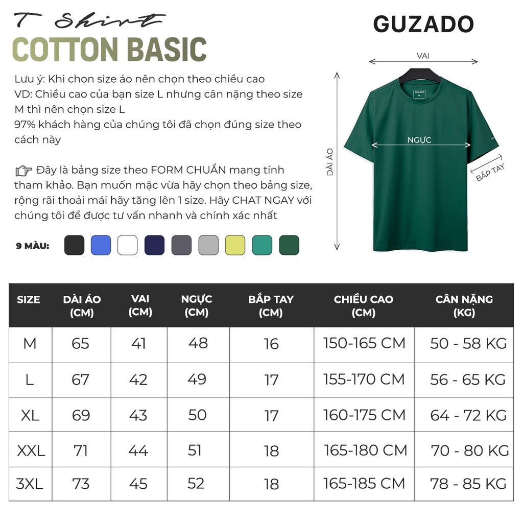 Áo thun nam ngắn tay GUZADO phông cotton basic trơn,không bai xù,thấm hút tốt,form rộng rãi thoải mái GTS1