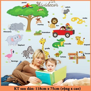 Decal dán tường cho bé decor phòng ngủ MIVIDECOR tranh dán tường cho bé vườn thú tiếng anh