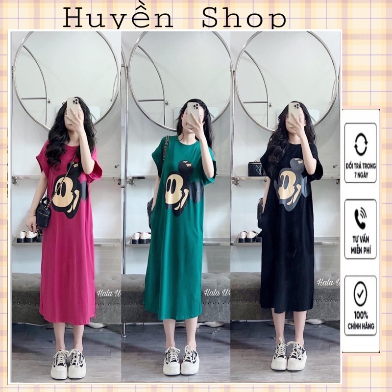 Đầm Suông Cotton Nữ Váy Suông Ngủ In Hình Mic.Ky Tay Hến Dáng Dài Chất thun Thấm Mồ Hôi
