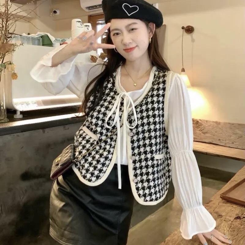PASS - Set áo bèo kèm gile dạ tweed cúc ngọc tiểu thư