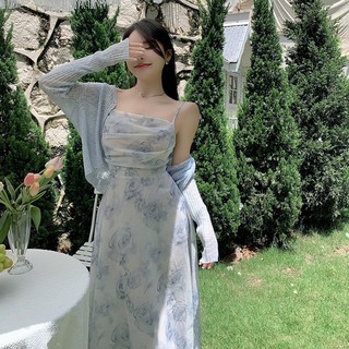 [HÀNG QUẢNG CHÂU] Đầm maxi hoa xanh tiểu thư nhẹ nhàng