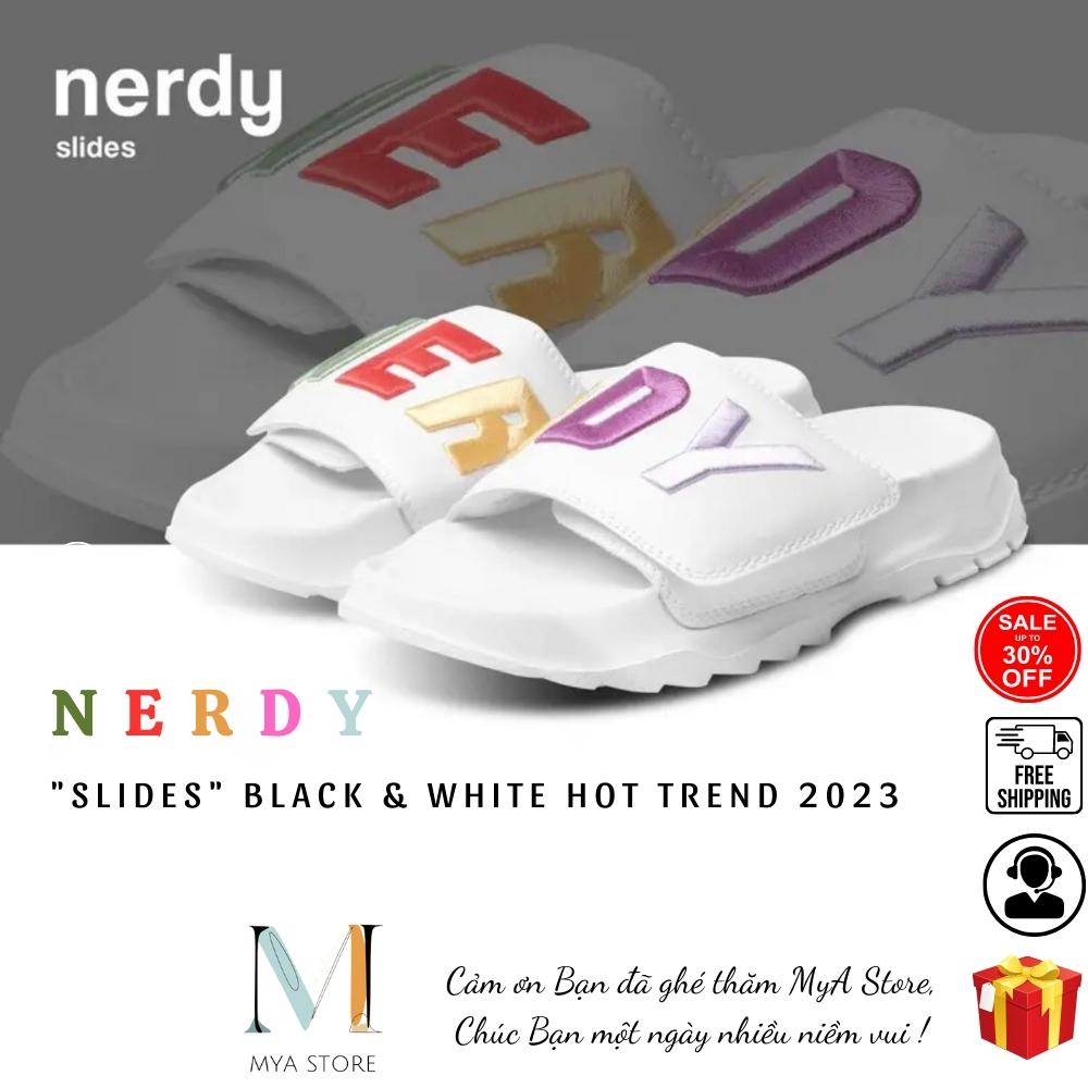 Dép nam nữ Nerdy, dép tăng chiều cao, quai ngang, logo thêu nổi bật, dép đẹp mang đi học, đi chơi và đi làm