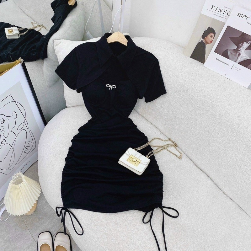 Set đầm 2 dây đen body t dây đính đá hoa kèm khoác crop cutout mẫu