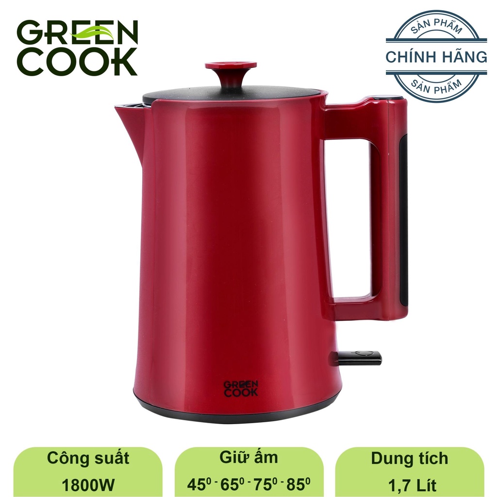 Bình đun cảm ứng giữ ấm inox 304, 2 lớp chống bỏng 1,7L Green Cook GCEK-17S18D