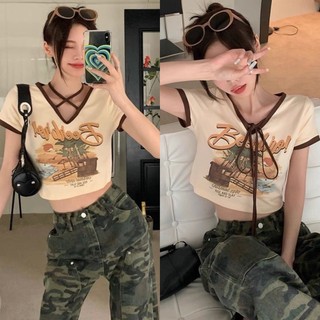 Áo Croptop Cổ Tim Dây Yếm Đan Dây Viền Thêu In Bãi Biển