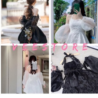 Váy cổ yếm tiểu thư gấm xốp hoa nổi tay bồng có thể tháo rời, đầm babydoll dáng xòe phong cách ulzzzang VEESSTORE