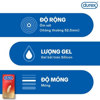 Bao cao su Durex Fetherlite siêu mỏng, size 52.5mm, 12 bao/hộp