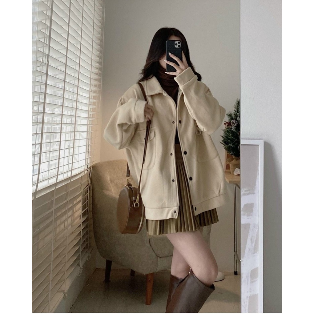 Áo Khoác Da Lộn 2 Lớp Có Lót Trong Cổ Bẻ Nút Bấm Unisex Ulzzang minhthufashion