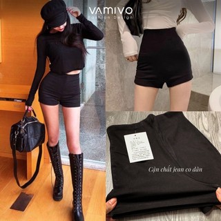 Quần short jean nữ, quần đùi bò nữ jean mềm khóa giọt lệ cạp cao màu đen Vamivo cạp cao khóa trước co giãn