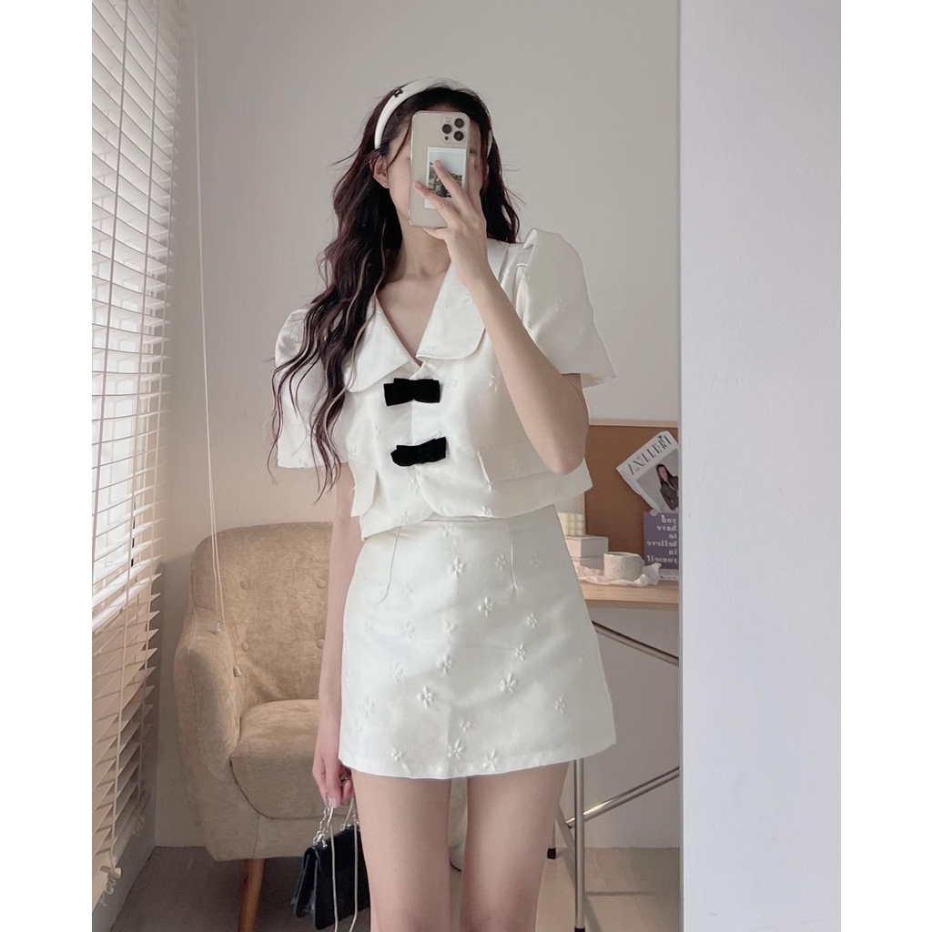 [SẴN/VIDEO] SET GẤM HOA NỔI NƠ NGỰC ĐEN CỘC TAY 2 LỚP HÀNG ĐẸP LOẠI 1