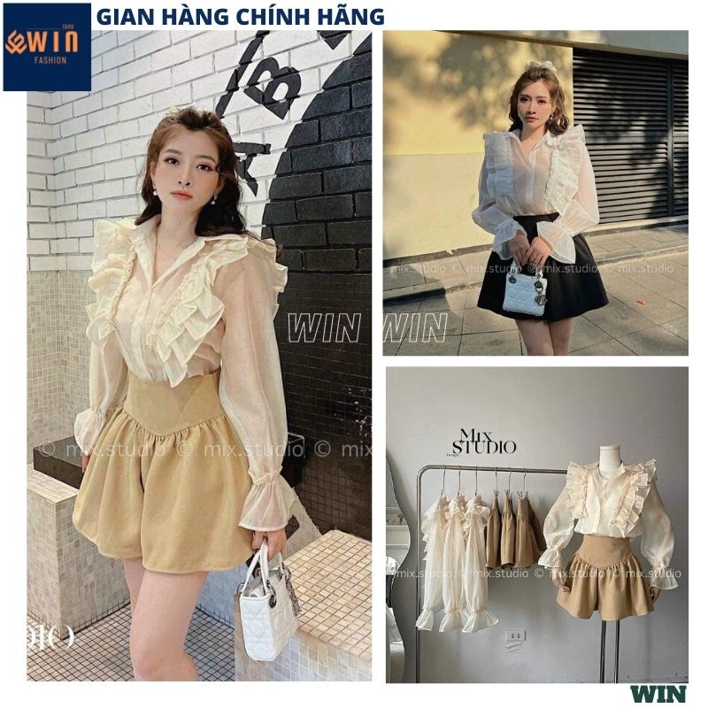 Set áo sơ mi tay bèo kèm chân váy xếp ly siêu sang chảnh, bộ 2 món tiểu thư đơn giản retro phong cách Hàn Quốc - WIN