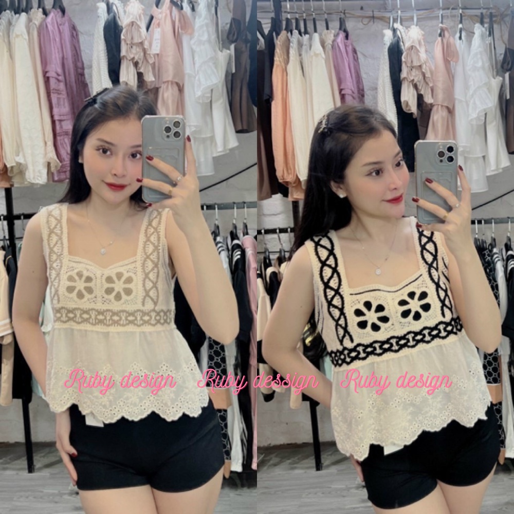 Áo Ren , Áo 2 Dây Ren Len Rệt Kim Phối Vải Xô Thêu Họa Tiết Hoa Babydoll Phong Cách Châu Âu - Ruby Design