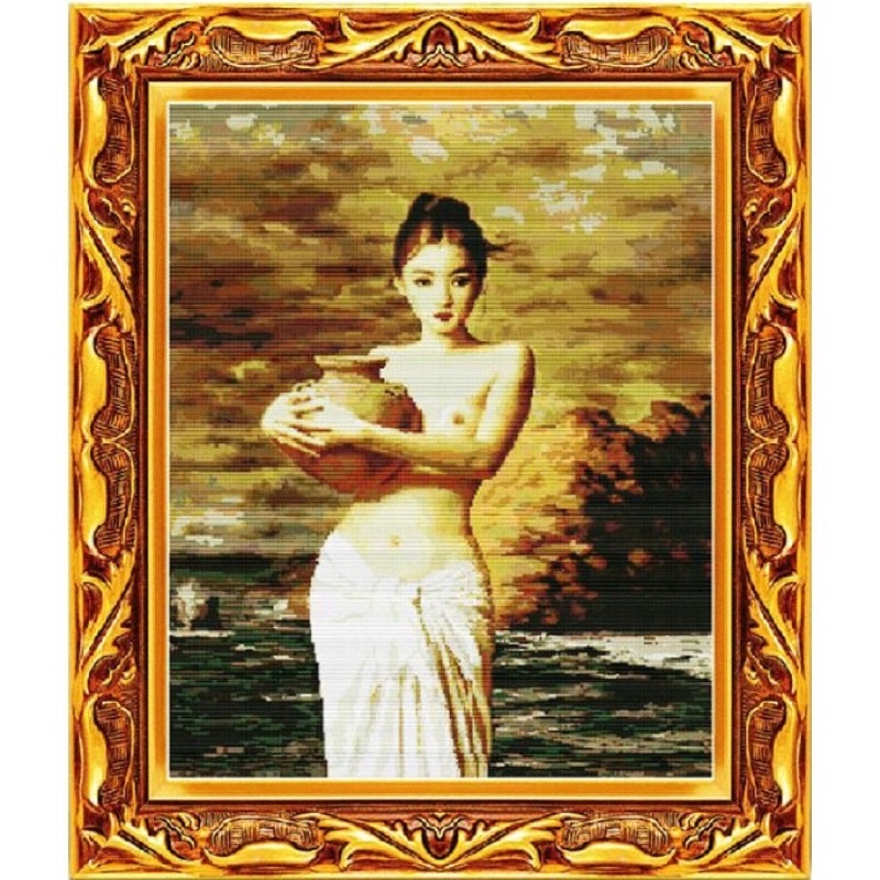 Tranh Thêu Chữ Thập (thêu toàn bộ) Cô Gái Ôm Bình R005 (tranh tự thêu) KT:69x76cm