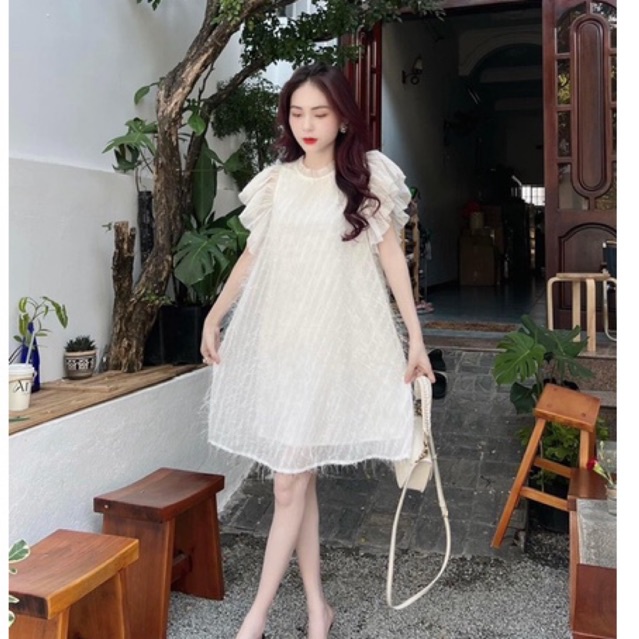 Váy sơ mi kẻ caro xanh biển trễ vai tiểu thư viền ren bèo cổ kèm ảnh thât khách chụp