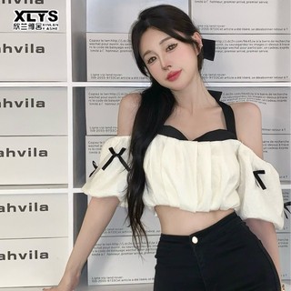 Áo croptop XINLANYASHE trễ vai tay phồng thắt nơ phong cách Hàn Quốc cho nữ