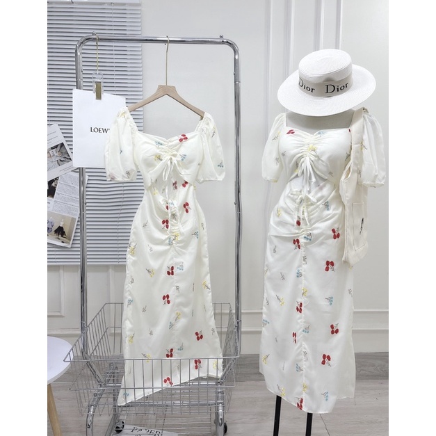 [ 𝐅𝐑𝐄𝐄 𝐒𝐇𝐈𝐏 ] Váy hoa thêu rút ngực tay bồng về cực đẹp Chất thô lụa mềm lót 2 lớp Chun lưng dễ mặc Hàng kỹ