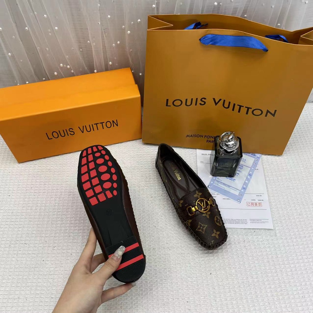 Giày bệt nữ hoa nâu viền nhúm khóa chữ tròn Nguyên hộp hãng cao cấp