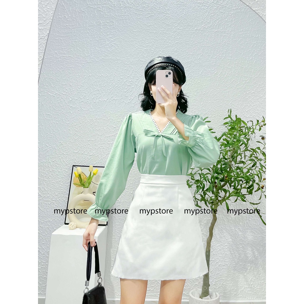 Áo cố V xếp ly viền ren tay bo lửng mypstore A21