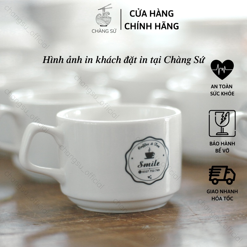 Tách trà, cafe trắng trơn và đĩa lót tách sứ Minh Châu bày tiệc, nhà hàng, quán nước - In theo yêu cầu