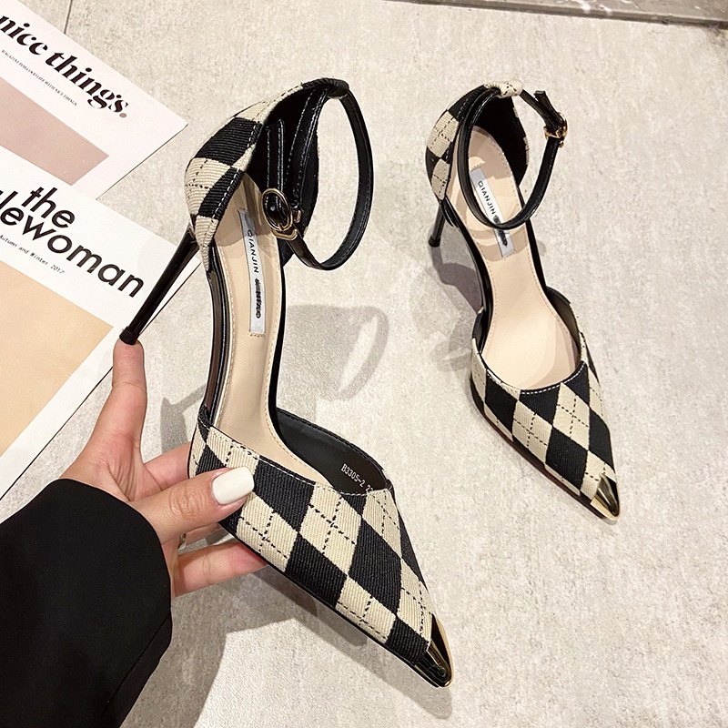 Giày cao gót nhọn nữ 8 phân kẻ caro bít gót bít mũi nhọn bọc kim loại hàng Quảng Châu cao cấp full box- Mã BQ0037