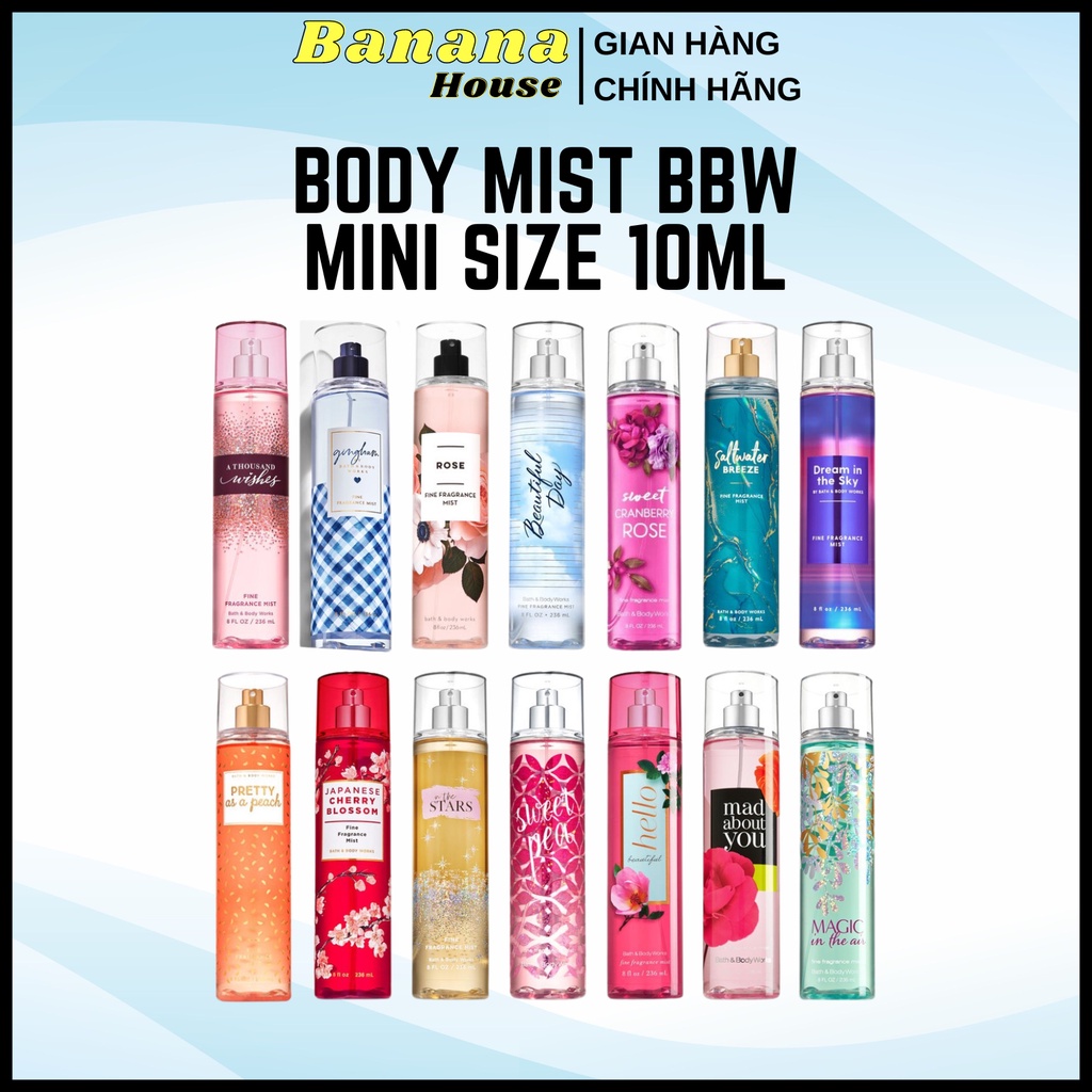 Xịt thơm body mist BBW mini size 10ml nhiều mùi để test
