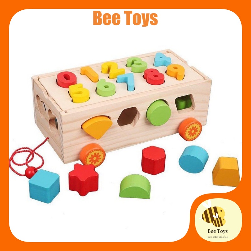 Xe kéo thả hình và số bằng gỗ, màu sắc đẹp, chi tiết nhẵn mịn, an toàn cho bé phát triển trí tuệ
