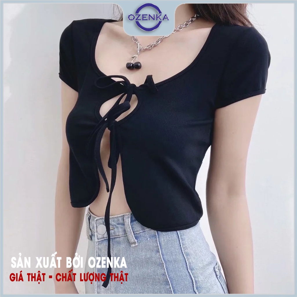 Áo croptop kiểu buộc dây gợi cảm cộc tay nữ OZENKA , áo crt ôm body sexy cotton màu đen trắng dưới 55 cân