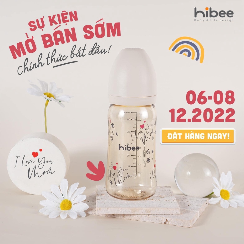 Bình sữa Hibee 170ml 270ml Hàn Quốc họa tiết I Love You Mom, Bình sữa cho bé tùy chọn núm, cam kết chính hãng