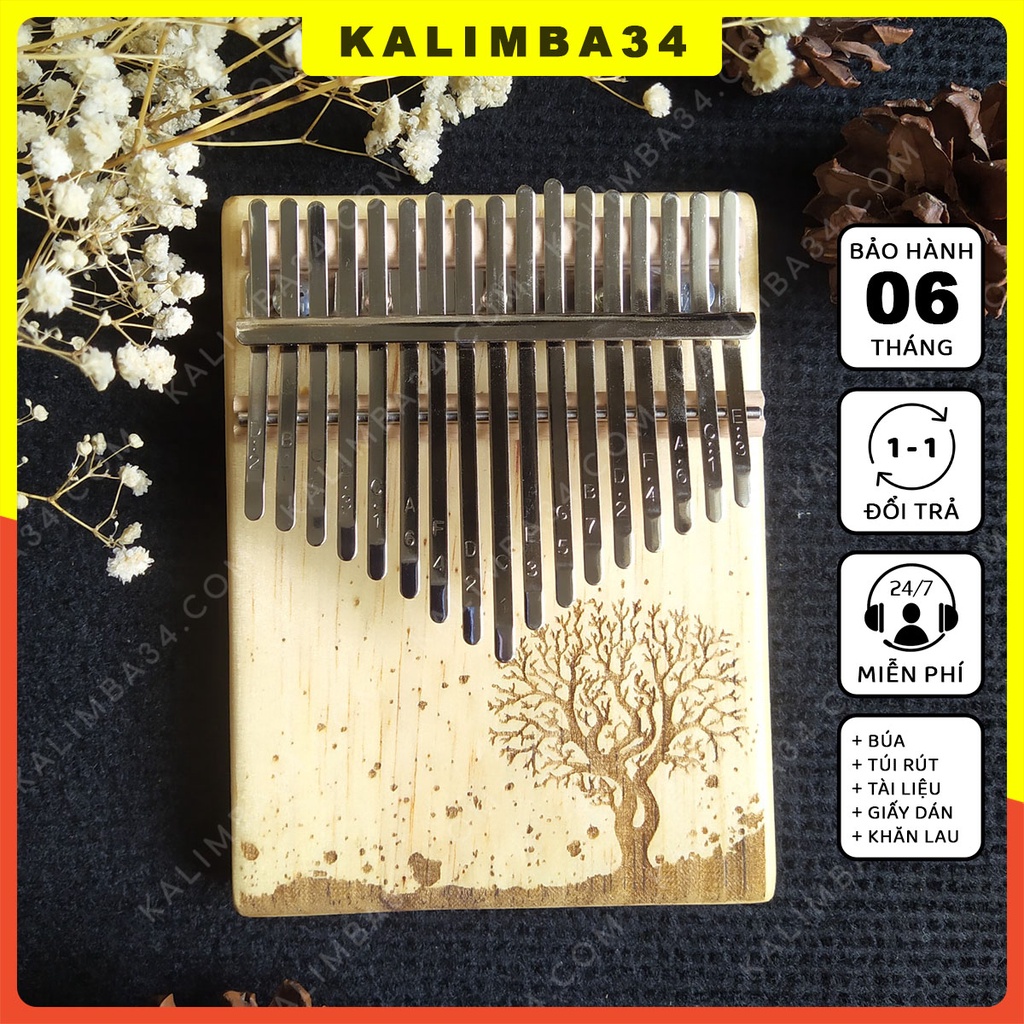 Đàn Kalimba 17 phím khắc cây nguyên khối KL34, Kalimba giá rẻ tặng đầy đủ phụ kiện