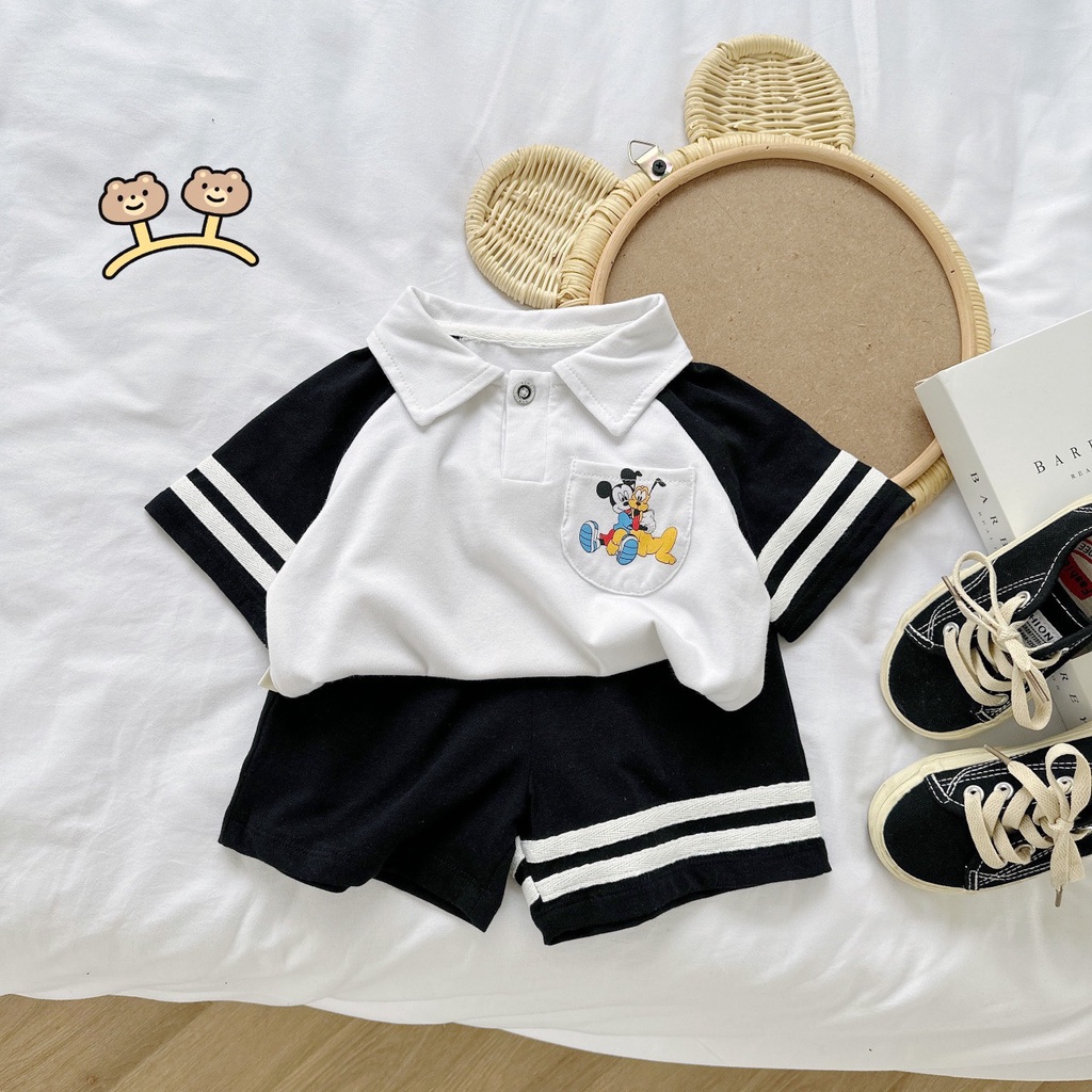 Bộ polo cotton cộc tay phối kẻ Mozi cho bé trai bé gái