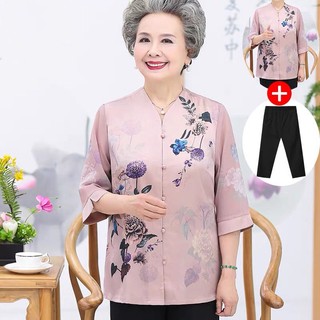 Áo sơ mi trung niên và người già mẹ nữ mùa hè ngắn tay bà già