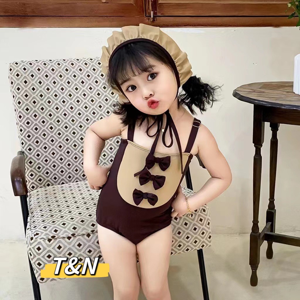 Bộ đồ bơi liền thân kèm mũ cho bé gái