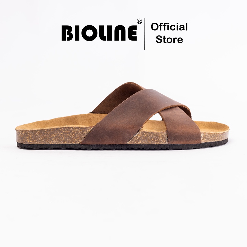 ( Mẫu Da Thật ) D03 - Dép Birken Đế Trấu BIOLINE Official Thiết Kế Unisex Quai Chữ X Da Bò Thật