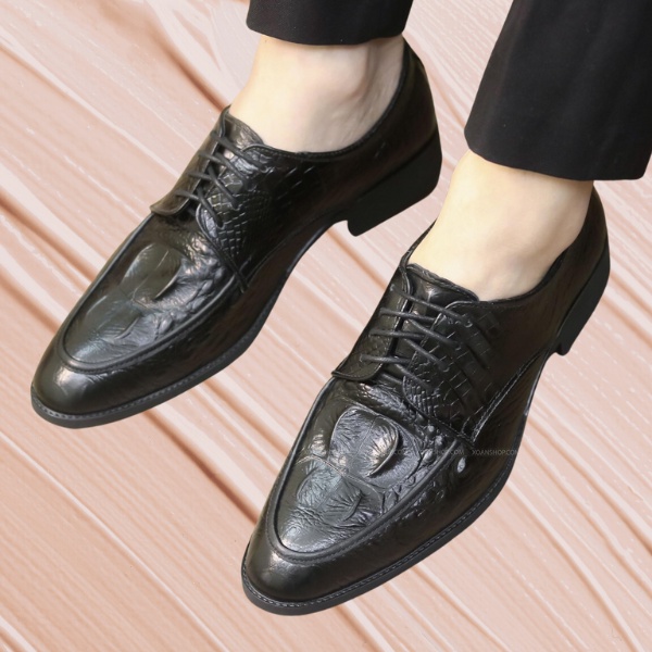 Giày da nam công sở màu đen buộc dây dập vân cá sấu giày tây nam da mờ full size 38-43