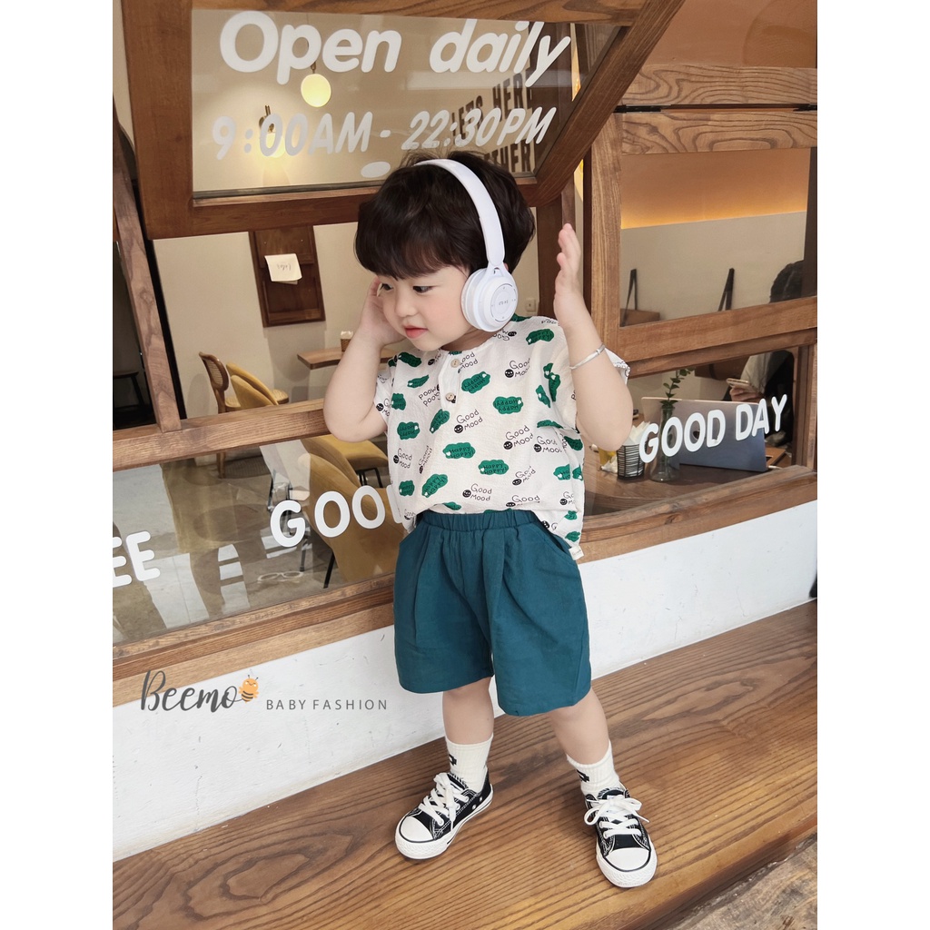 Set bộ quần áo Beemo cộc tay in chữ Good Mood chất liệu đũi xốp mềm mại mặc đi học đi chơi cho bé từ 1 - 7 tuổi 22144B