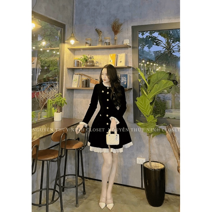 Đầm thời trang nữ mặc đi chơi chất nhung cứng tay dài phối nút cổ bèo chân váy xoè ngắn và đỏ
