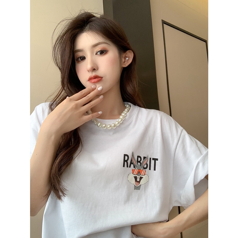 QOEDDV Áo Thun Cotton Tay Ngắn Dáng Rộng Thời Trang Mùa Hè Phong Cách Hàn Quốc