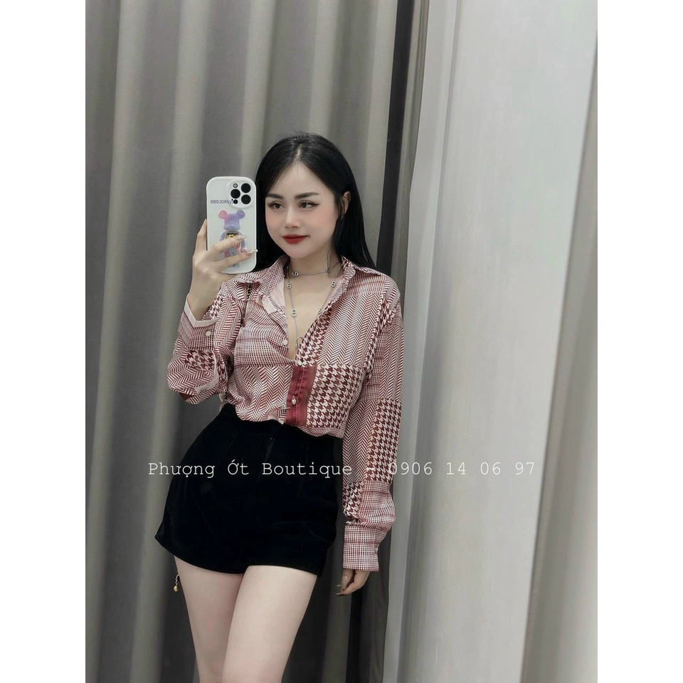 Áo Sơ Mi Nữ Dài Tay Vải Lụa Tơ Kim Tuyến Mầu Tím Hồng Nhập Khẩu Hàn Quốc